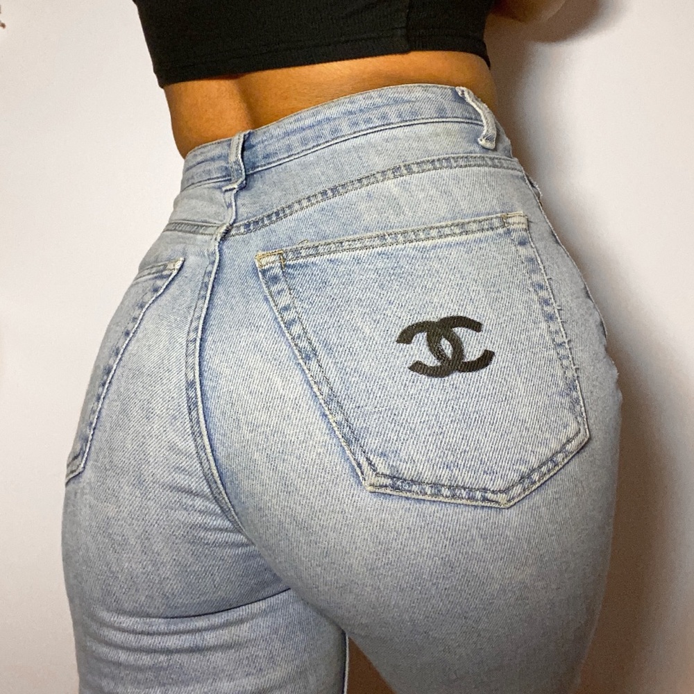 TOPSHOP Handpainted Chanel Logo Jeans